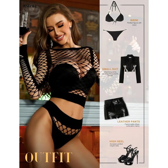 🆕 Women Black Sexy Mesh Lingerie Fishnet Babydoll Long Sleeve Bodysuit Shirts - Picture 3 of 5